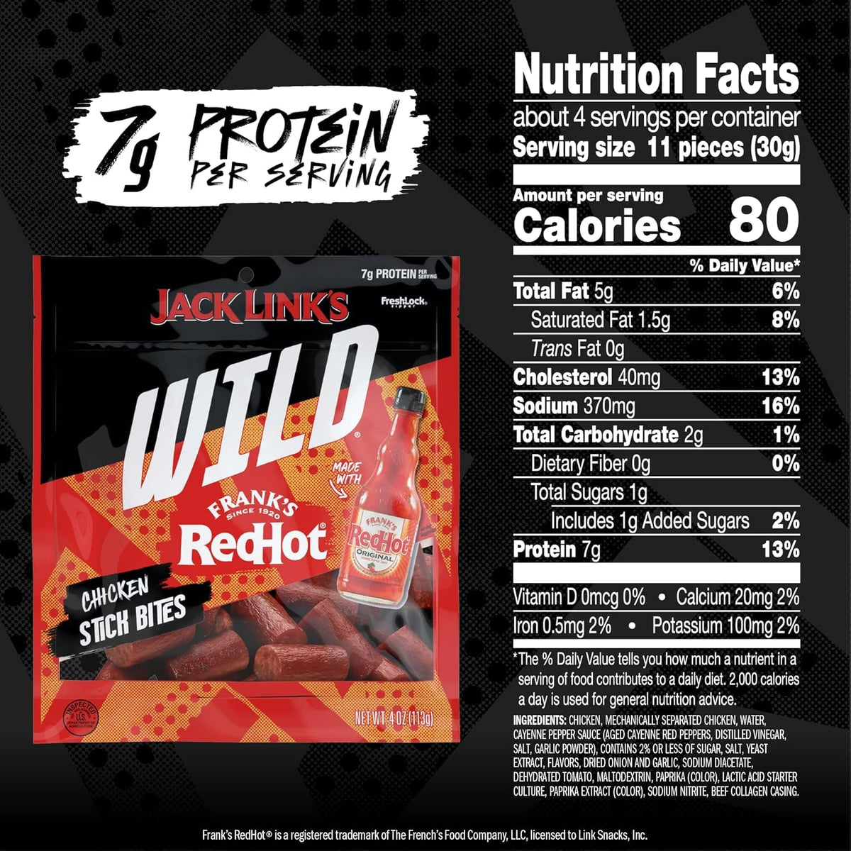 WILD Frank's RedHot Mini Chicken Stick Bites - (8 Count) 4 oz by Jack Link's – 4 Ounce (Pack of 8), Pack of 8, Model 10000044471