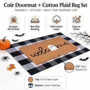 Fallovea Halloween Doormat Set, Coir Welcome Ghost Mat with Plaid Rug, Black and White