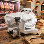 9' Gravity-Feed Meat Slicer by Global Solutions – 17" x 15" x 13", Stainless Steel, Model GS1600