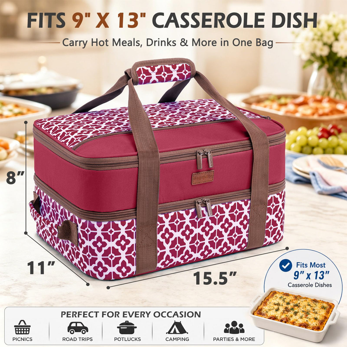Bagsprite Double Layer Casserole Carrier, Fits 9 x 13 Inch Dishes, Cranberry