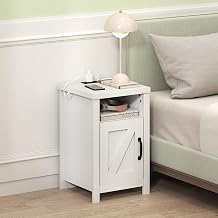 Furinno Farmhouse Nightstand with Charging Station, Bedside Table, Side Table, End Table with Door, USB Ports and Outlets, for Bedroom, Closet, Dorm, White