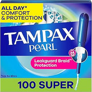 Tampax Pearl Tampons for Women, with LeakGuard Braid, Super Absorbency, Unscented, 100 Count (2 Packs of 50)