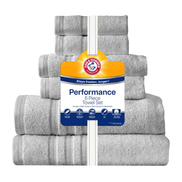 Performance Bath Towel Set by ARM & HAMMER – Towel Set (Washcloths, Hand Towels, Bath Towels), Cotton, Light Grey, Pack of 6, Model AAH80506LTGRXX