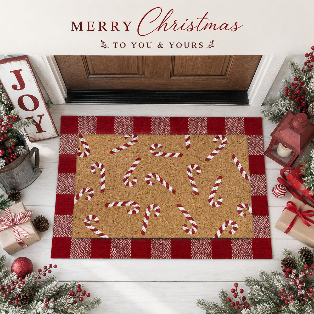 Drydiet Layered Doormat Set, Buffalo Plaid Candy Cane Design, Red and White