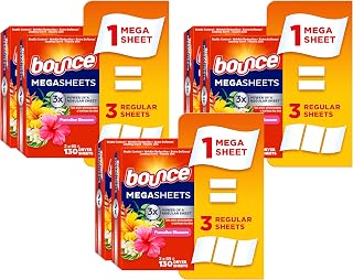 Bounce Mega Dryer Sheets Paradise Blossom | Anti-Static | 5-in-1 Benefits | 3x Static Fighting | 130 Sheets, Pack of 3
