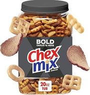 Chex Mix Bold Garlic & Herb Snack Mix, Resealable Tub, 20 oz | Corn & Wheat Chex, Rye Chips, Mini Breadsticks, 2 Kinds of Pretzels, 50% Less Fat than Regular Potato Chips