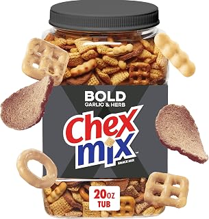Chex Mix Bold Garlic & Herb Snack Mix, Resealable Tub, 20 oz | Corn & Wheat Chex, Rye Chips, Mini Breadsticks, 2 Kinds of Pretzels, 50% Less Fat than Regular Potato Chips