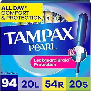 Tampax Pearl Tampons for Women Multipack, with LeakGuard Braid, Light/Regular/Super Absorbency, Unscented, 94 Count (2 Packs of 47) (Packaging May Vary)