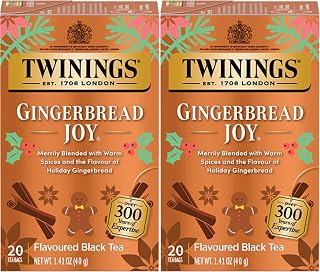 Twinings Gingerbread Joy Holiday Tea, Black Tea Naturally Flavored with Cinnamon and Ginger, Tea Bags Individually Wrapped, 20 Count Ea (Pack of 2)