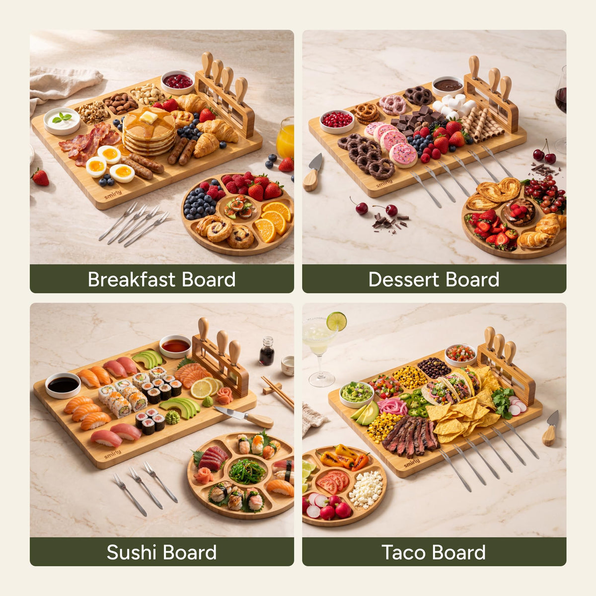 Smirly Bamboo Charcuterie Set, Large Serving Board with Knives and Bowls