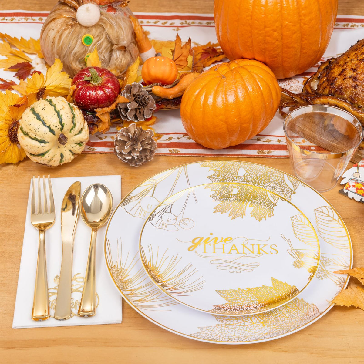Nervure Thanksgiving Dinnerware Set, 175 Pieces for 25 Guests, White Gold