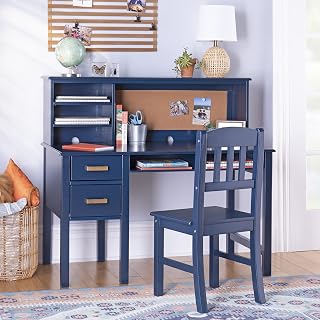 Guidecraft Taiga Kids Desk and Chair Set with Hutch - Navy: Wooden Computer Desk & Workstation | Kids Table with Storage, Drawers and Cubby Shelves, Children's Study Table & Chair Set