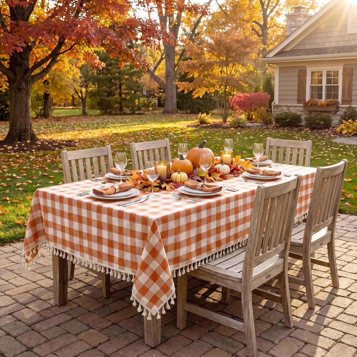 Softalker Gingham Tablecloth with Fringe, Orange Plaid, 55 x 84 Inch