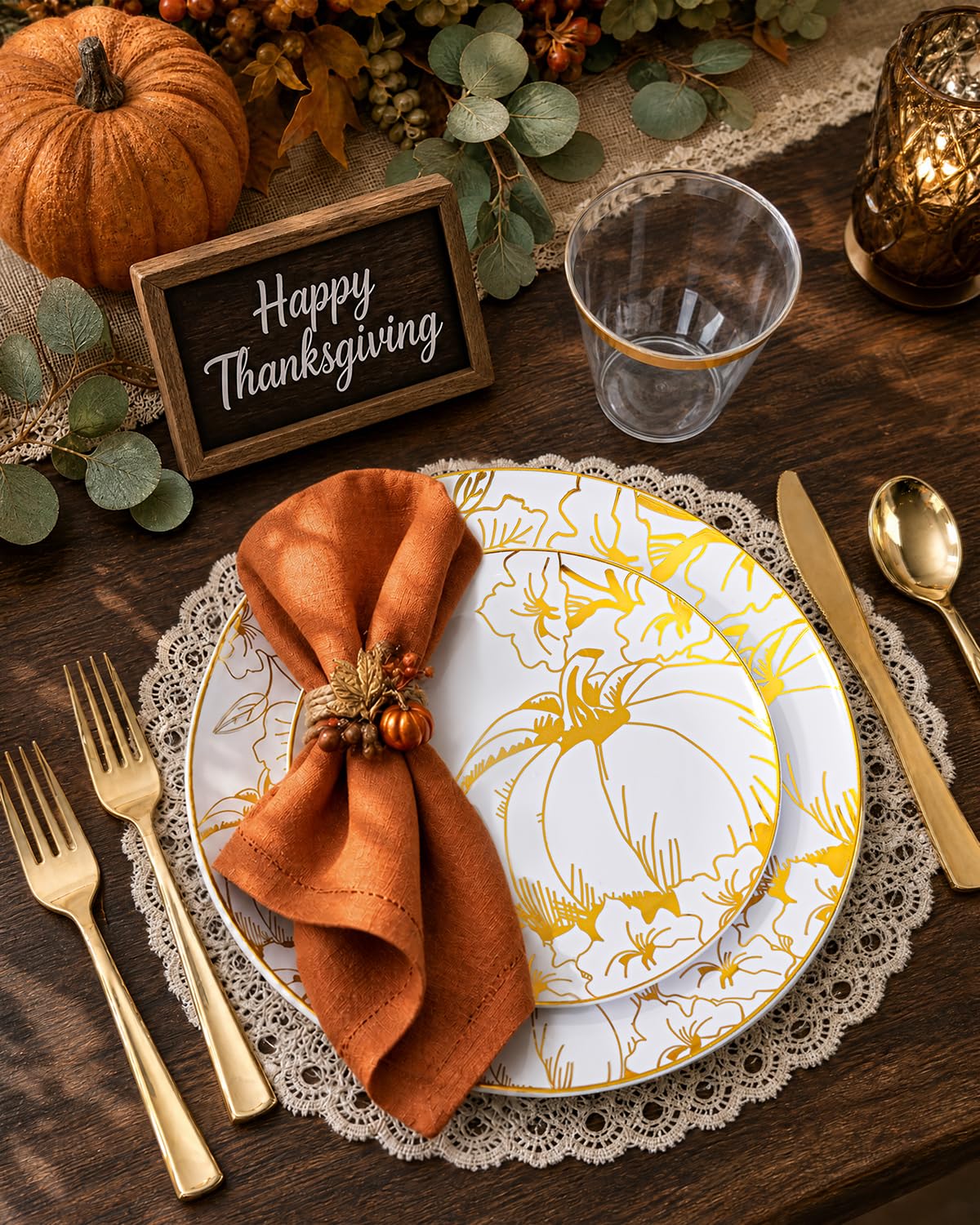 PULOTE Thanksgiving Plastic Dinnerware Set, 150 Pieces, Flower Gold