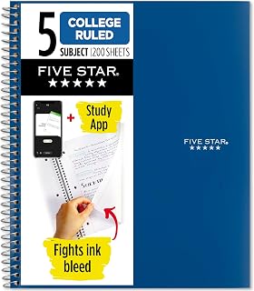 Five Star Spiral Notebook + Study App, 5 Subject, College Ruled Paper, 8-1/2" x 11", 200 Sheets, Fights Ink Bleed, Water Resistant Cover, Pacific Blue (73635) (Pack of 6)