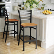 2 Pack HERCULES Series Black Ladder Back Metal Restaurant Barstool - Natural Wood Seat by Flash Furniture – Set of 2, Steel, Plywood, Model 2-XU-DG697BLAD-BAR-NATW-GG