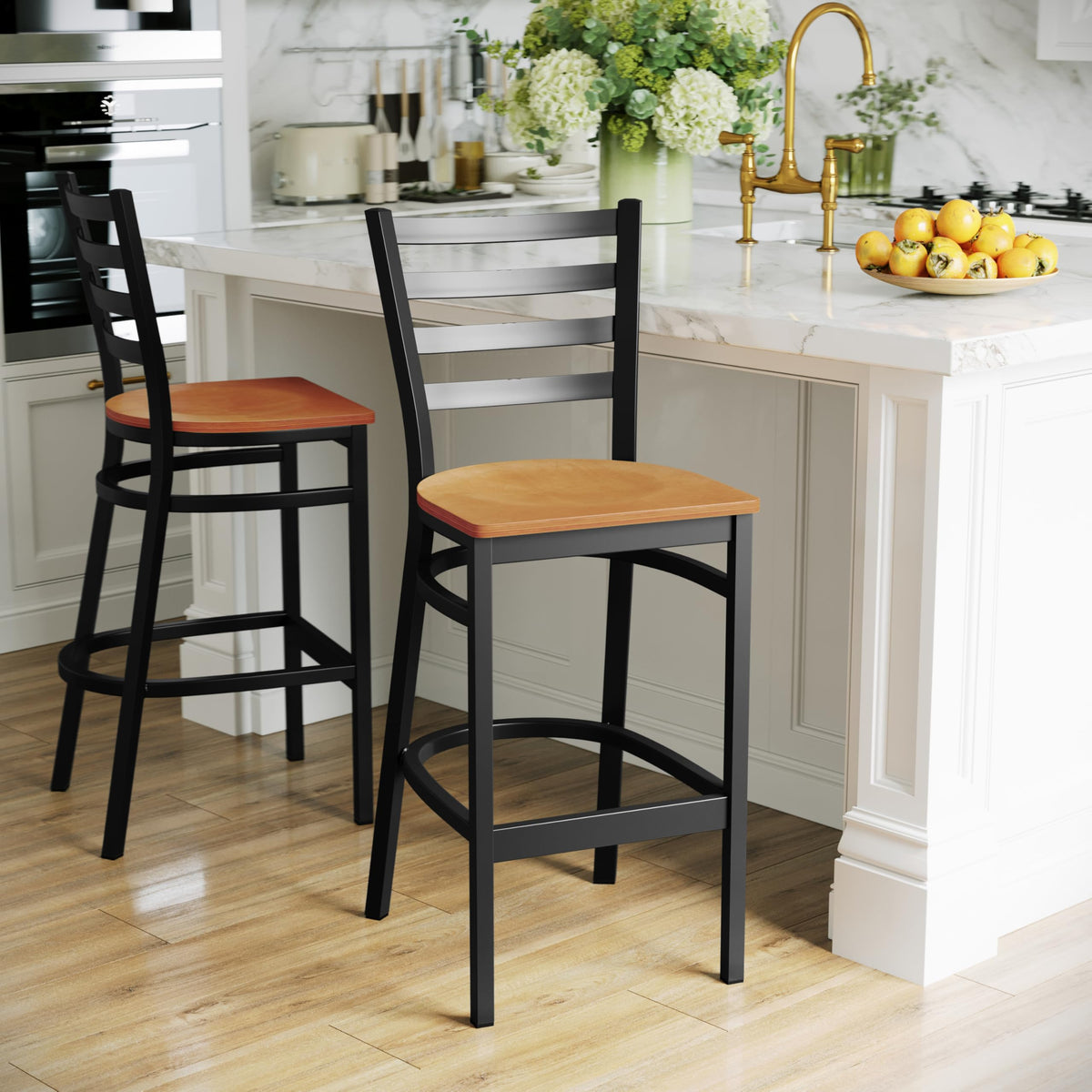 2 Pack HERCULES Series Black Ladder Back Metal Restaurant Barstool - Natural Wood Seat by Flash Furniture – Set of 2, Steel, Plywood, Model 2-XU-DG697BLAD-BAR-NATW-GG