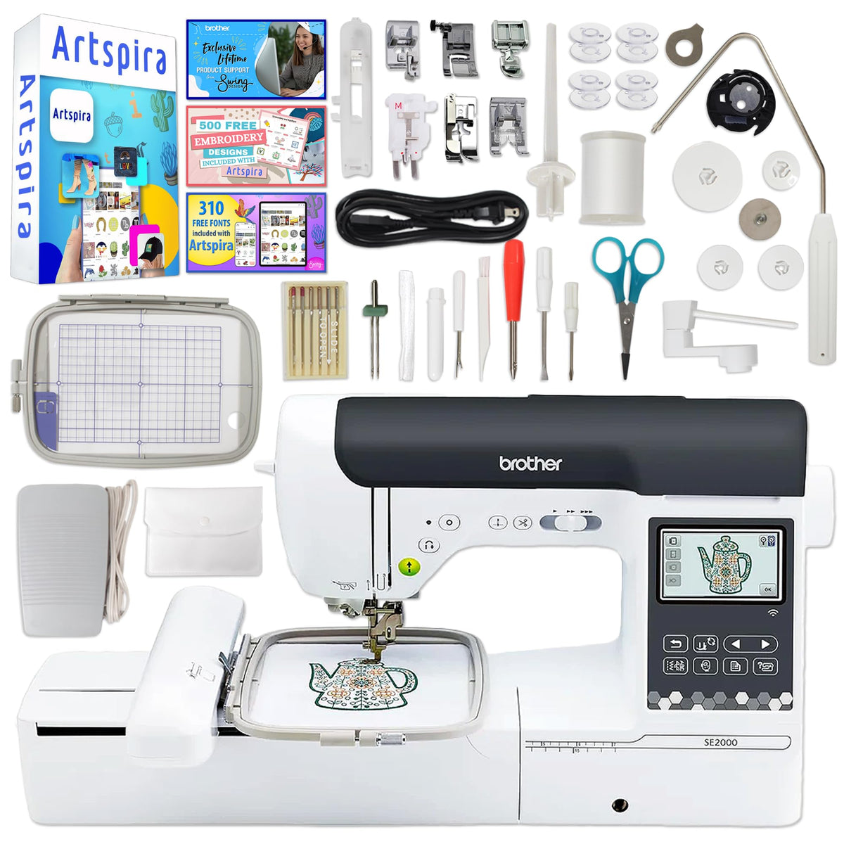 SE2000 5" x 7" Combo Embroidery & Sewing Machine with Deluxe 130 Thread Spools & Accessories by Brother – 5" x 7", Metal, White, Model SE2000BDL4