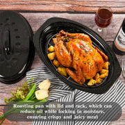 Vankutl Roasting Pan with Rack and Lid, 13 Inch Carbon Steel, Black