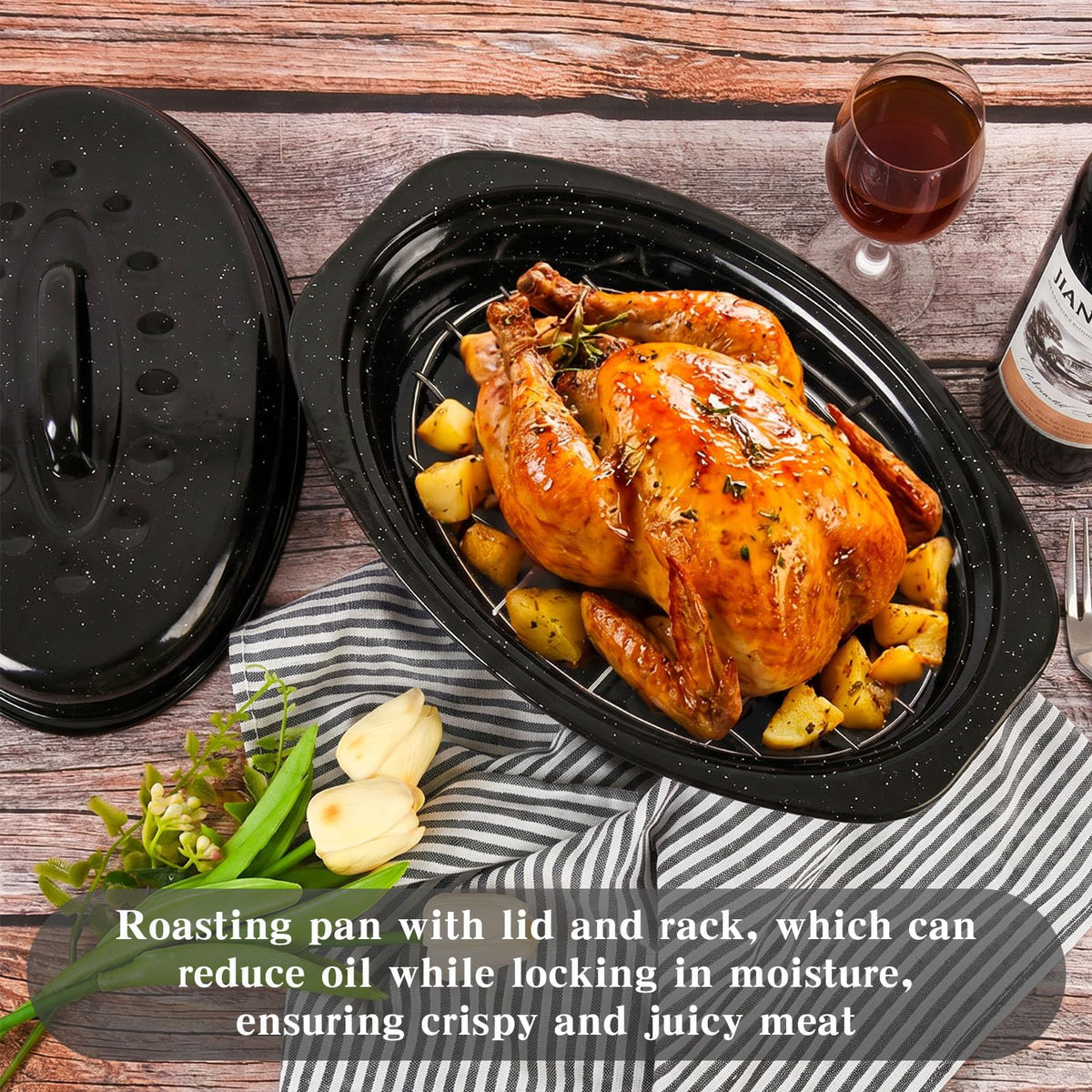 Vankutl Roasting Pan with Rack and Lid, 13 Inch Carbon Steel, Black