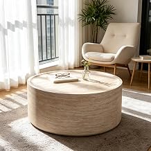 Beige Accent Coffee Table with Mars Pattern, Drum-Shaped Sofa Side Table for Living Room, Modern, 31.5", No Assembly Required