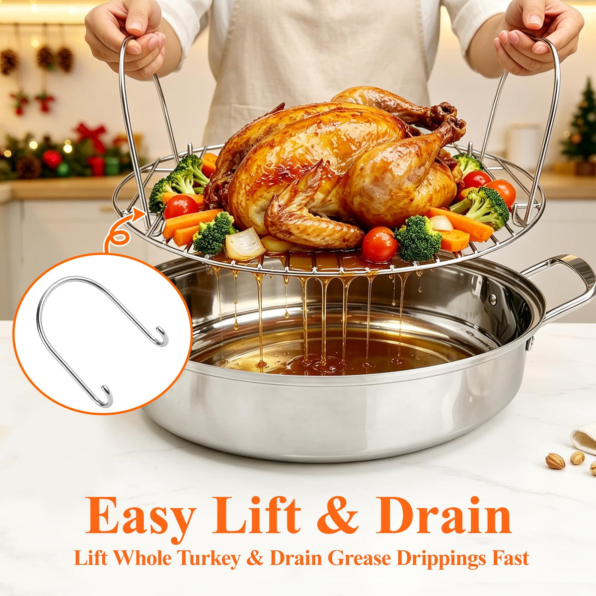 DePango Oval Roasting Rack, Stainless Steel with Handle, 16.5 x 11.5 x 5.5 Inch