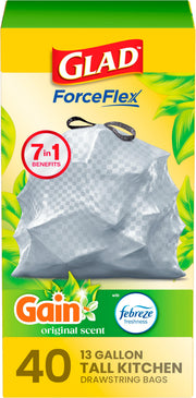 ForceFlex Tall Kitchen Trash Bags by Glad – 40 Count (Pack of 1), 13.0 gallons, Plastic, White, Model 78685