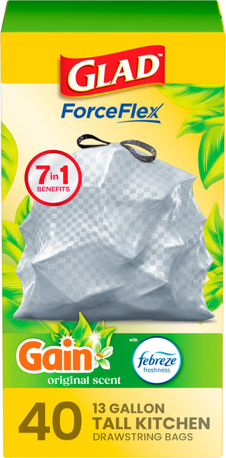 ForceFlex Tall Kitchen Trash Bags by Glad – 40 Count (Pack of 1), 13.0 gallons, Plastic, White, Model 78685