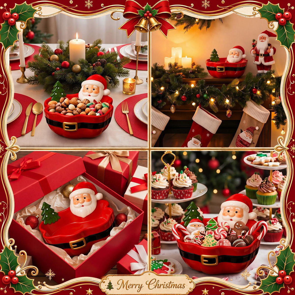 Vesici Santa Claus Candy Bowl, Ceramic Snack Dish, Red