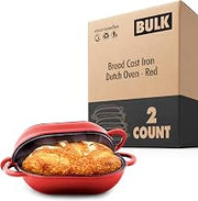 Enameled Cast Iron Bread Oven 2 Qt (Red), Non-Stick Single Loaf Cast Iron Bread Pan with Lid, Easy Homemade Sourdough Dutch Oven, Oven-Safe Artisan Bread Baking Pan 2 Count