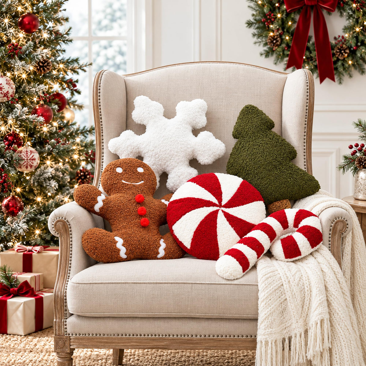 Memorywuu Christmas Throw Pillow Set, 5 Pack, Gingerbread and Tree Design