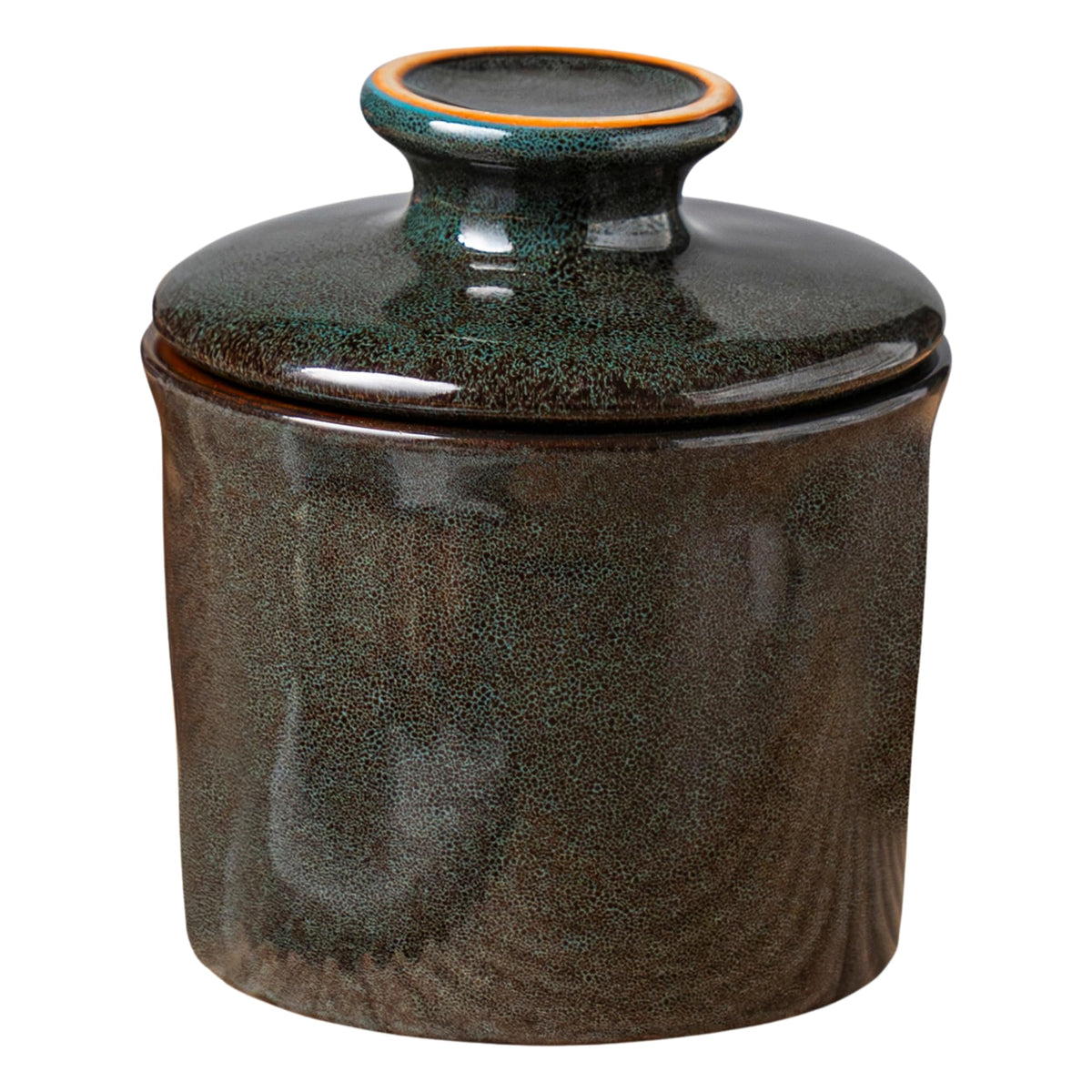 Teapeak Pottery Butter Keeper, Water Seal Design, Greenish Brown