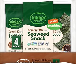 bibigo Organic Korean BBQ Flavored Seaweed Snacks, 4 Individual Packets, 0.16 Ounce (Pack of 4)