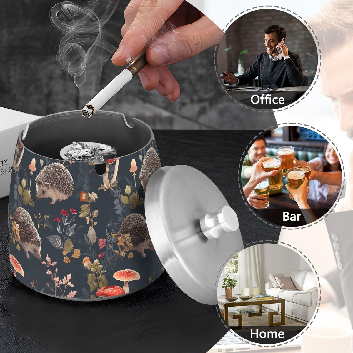 Hedgehog Mushroom Pattern Splash Ashtray with Lid by ALAZA – Stainless Steel, C3763, Model g541058216p1082c1149s2657