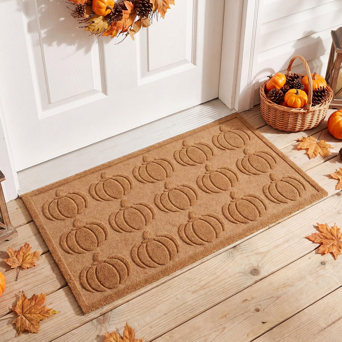 Dunzy Pumpkin Doormat, Beige Embossed Design, 30 x 17 Inch