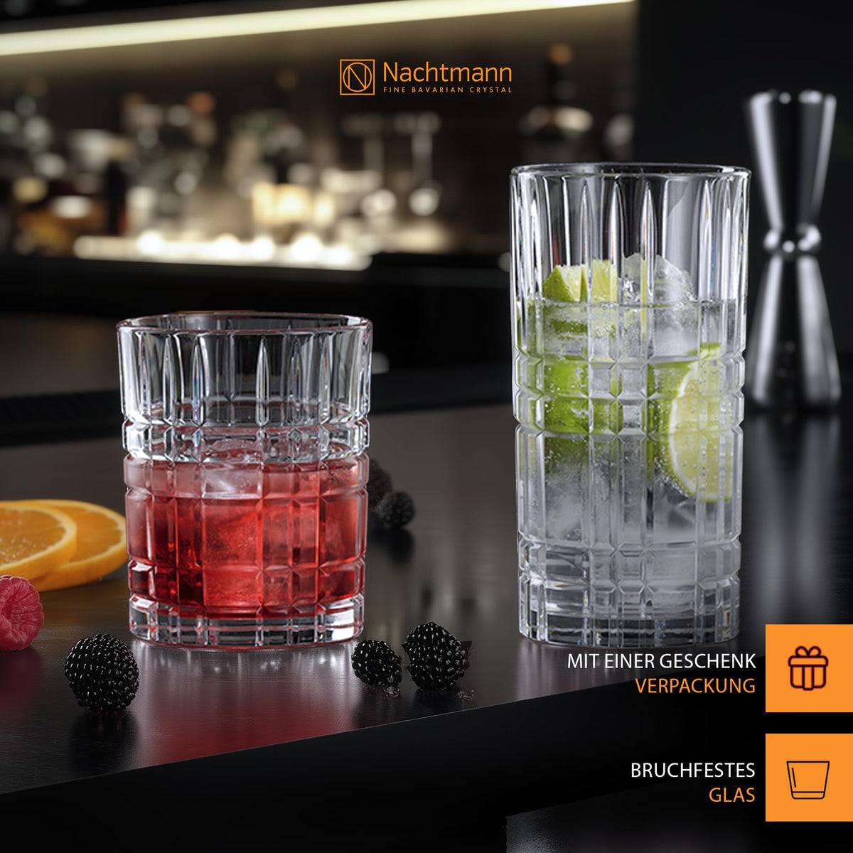 Highland 12 Piece Drinkware Set by Nachtmann – 15 fluid_ounces, Glass, Clear, Pack of 6, Model 101754