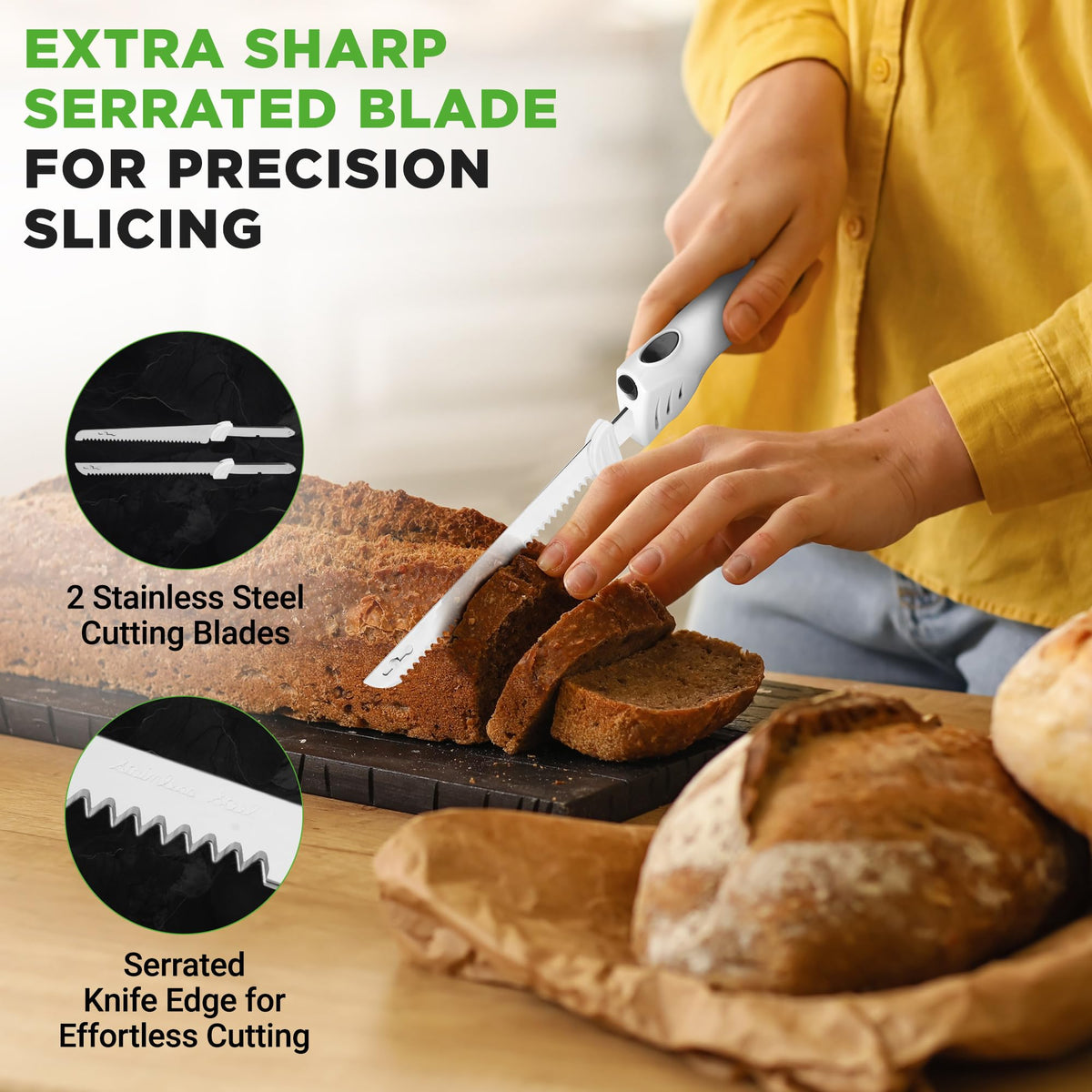 NutriChef Electric Carving Knife Set, Stainless Steel Blades, White with Wood Stand