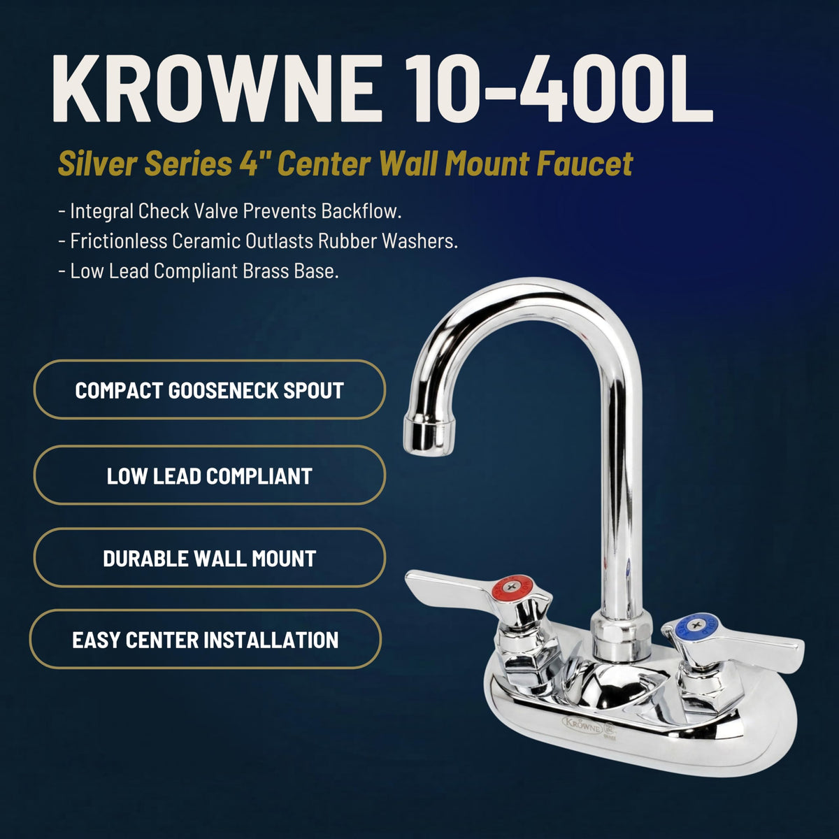 KR- 3.5" Wall Mount Faucet with Gooseneck Spout by Krowne – 4 Inch, Stainless Steel, Silver, Model 10-400L