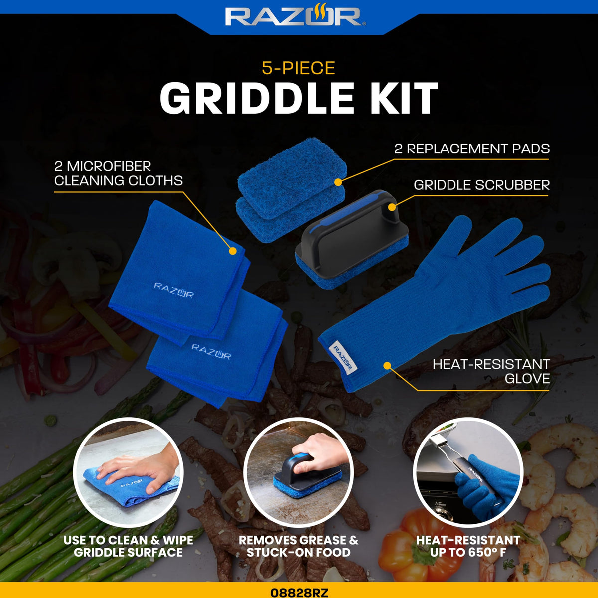 Razor 6-Piece Griddle Cleaning Kit by Mr. Bar-B-Q – Stainless Steel, Blue, Pack of 6, Model 08828RZ