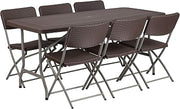 Flash Furniture 5.62-Foot Brown Rattan Indoor-Outdoor Plastic Folding Table Set with 6 Chairs