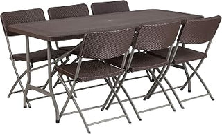 Flash Furniture 5.62-Foot Brown Rattan Indoor-Outdoor Plastic Folding Table Set with 6 Chairs