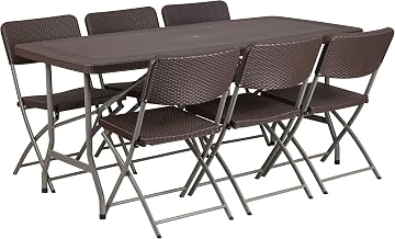 Flash Furniture 5.62-Foot Brown Rattan Indoor-Outdoor Plastic Folding Table Set with 6 Chairs