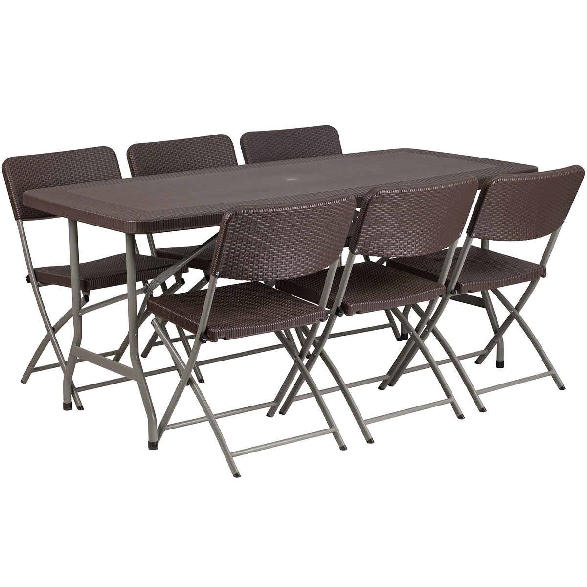 5.62-Foot Brown Rattan Indoor-Outdoor Plastic Folding Table Set with 6 Chairs by Flash Furniture – 32.5'' W x 67.5'' L, Model DAD-YCZ-172-61-GG