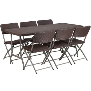 5.62-Foot Brown Rattan Indoor-Outdoor Plastic Folding Table Set with 6 Chairs by Flash Furniture – 32.5'' W x 67.5'' L, Model DAD-YCZ-172-61-GG