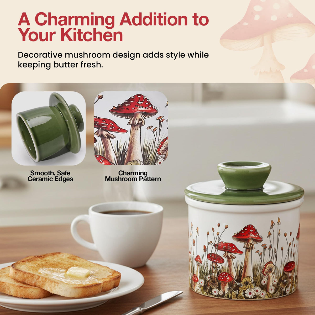Fungi Fun Mushroom Butter Keeper, Ceramic Crock, White and Green