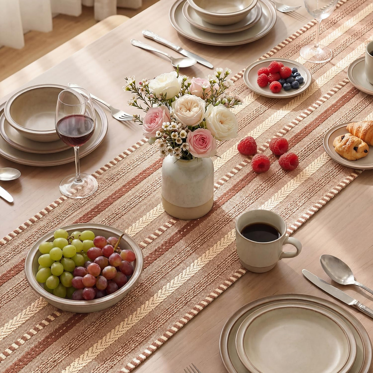 Artoid Mode Braided Table Runner, 12 x 72 Inch, Caramel Farmhouse Stripe