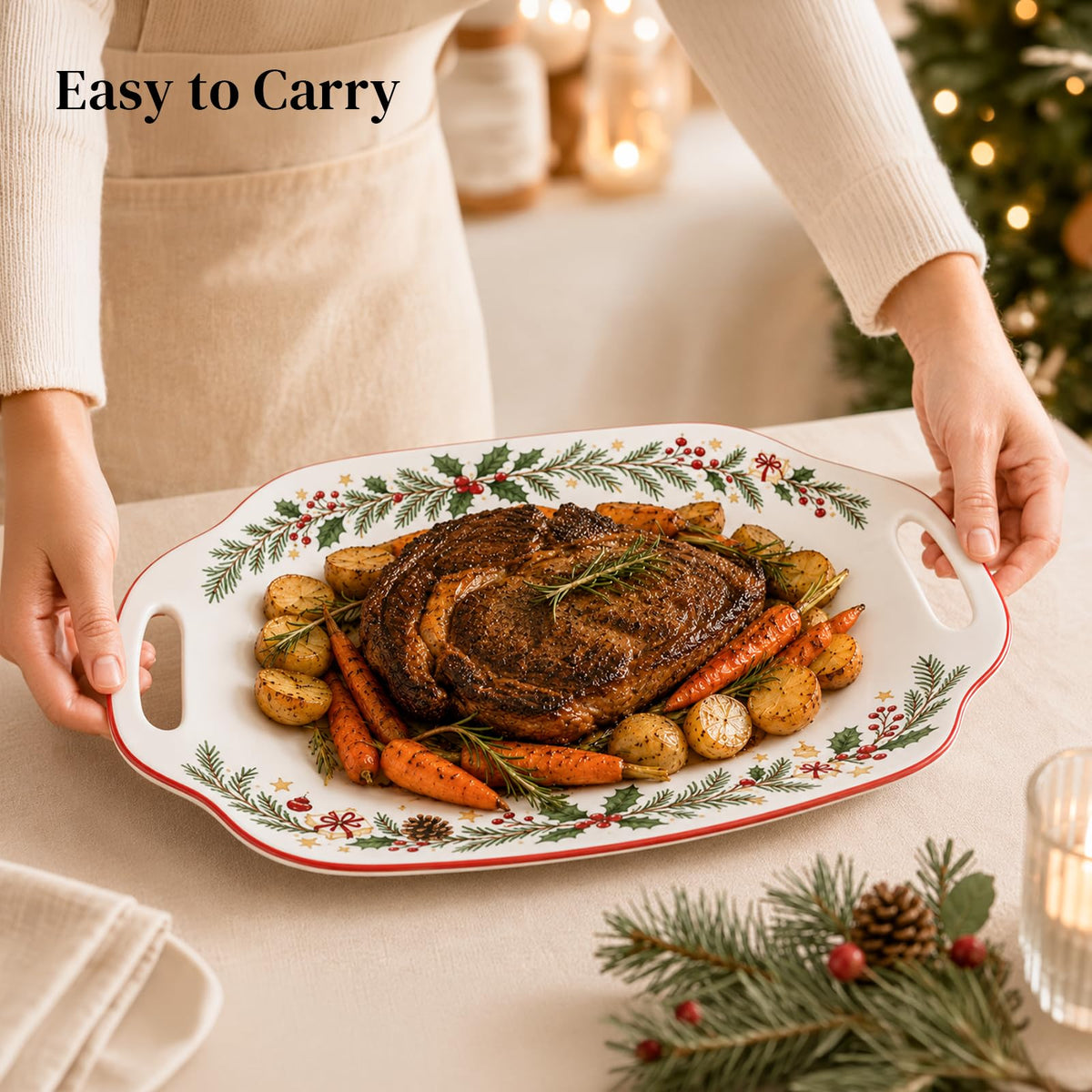 DOWAN Ceramic Serving Platter, 16.5 Inch Rectangular with Handles, White Christmas