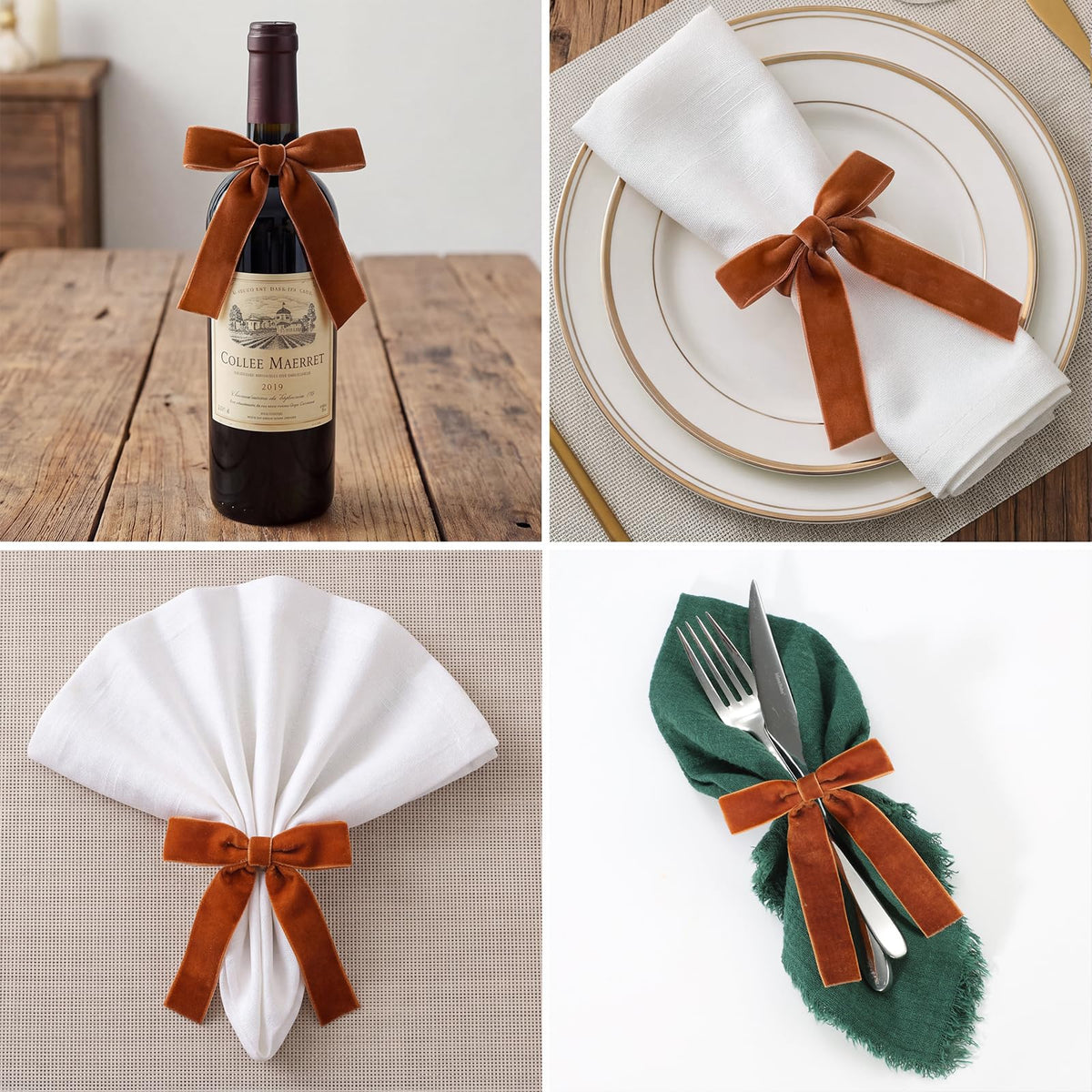 NatNarr Velvet Bow Napkin Rings, Set of 12, Brown