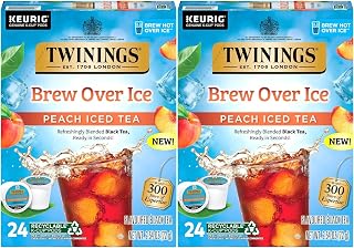 Twinings Brew Over Ice Unsweetened Peach Flavored Black Iced Tea Single Serve K-Cup Pods for Keurig, Caffeinated, 24 Count (Pack of 2)