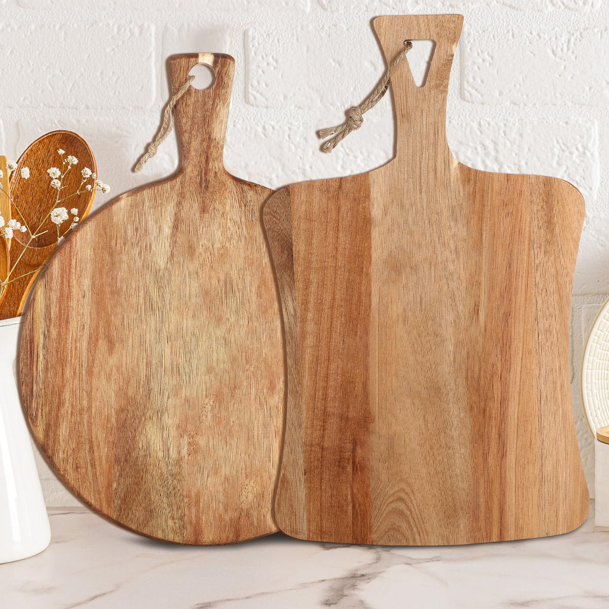 Hsei Acacia Wood Cutting Boards, 2 Pack with Handles, Round and Rectangular